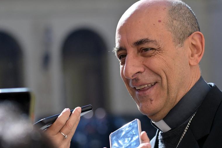 Cardinal Victor Manuel Fernández speaks to the press Feb. 12 at the San Damaso Courtyard in the Vatican during a private audience of Argentina’s President Javier Milei with Pope Francis.