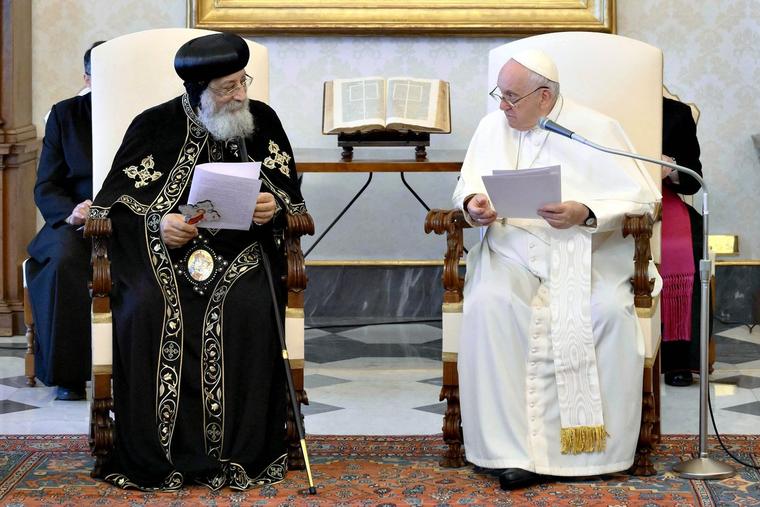 Pope Francis meets Coptic Orthodox Pope Tawadros II during an audience in the Apostolic Palace on May 11, 2023, at the Vatican.