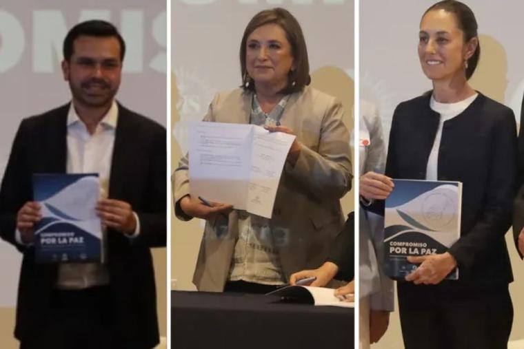 Mexican presidential candidates Jorge Álvarez Máynez, Xóchitl Gálvez, and Claudia Sheinbaum each signed the "National Commitment to Peace."