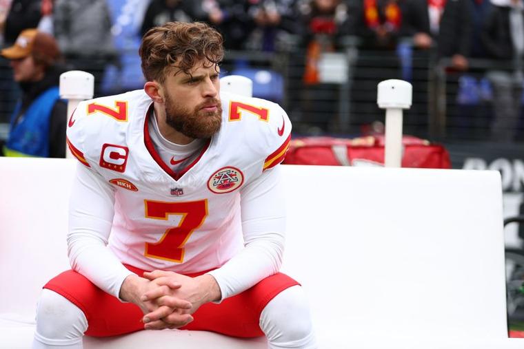 Harrison Butker on the sideline of the AFC Championship in Baltimore on January 28, 2024.