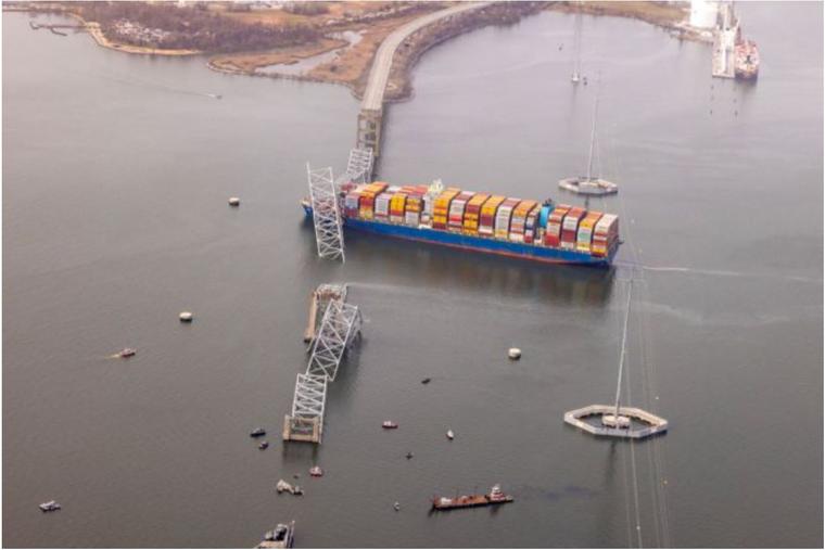 In an aerial view, cargo ship ‘Dali’ is seen after running into and collapsing the Francis Scott Key Bridge on March 26 in Baltimore.