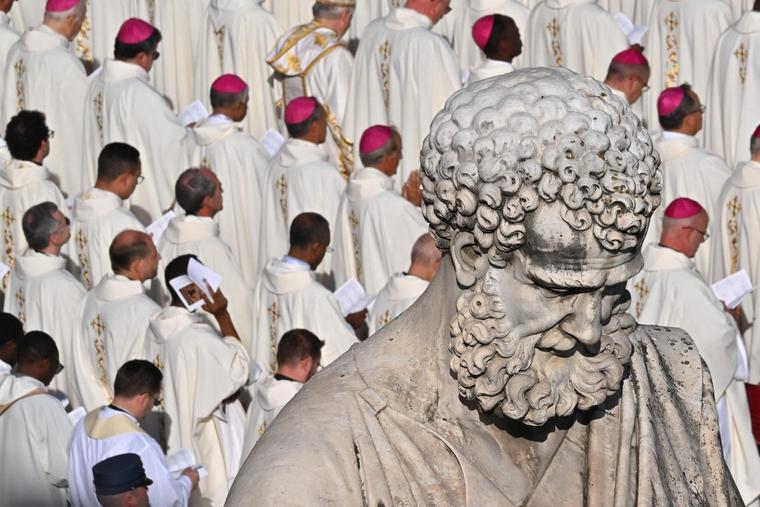 A statue of St. Peter is seen during a Mass Oct. 4, 2023, in St. Peter’s Square on the opening day of the 16th Ordinary General Assembly of the Synod of Bishops.