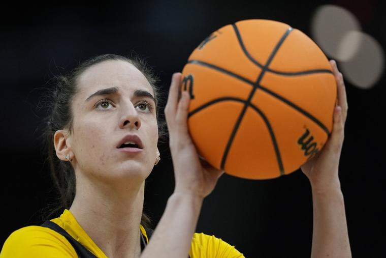 Iowa's Caitlin Clark shoots during a practice for an NCAA Women's Final Four semifinals basketball game Thursday, April 4, 2024, in Cleveland.