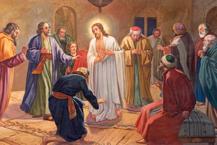 20th-century painting of the Risen Christ appearing to the apostles, Valencia, Spain.