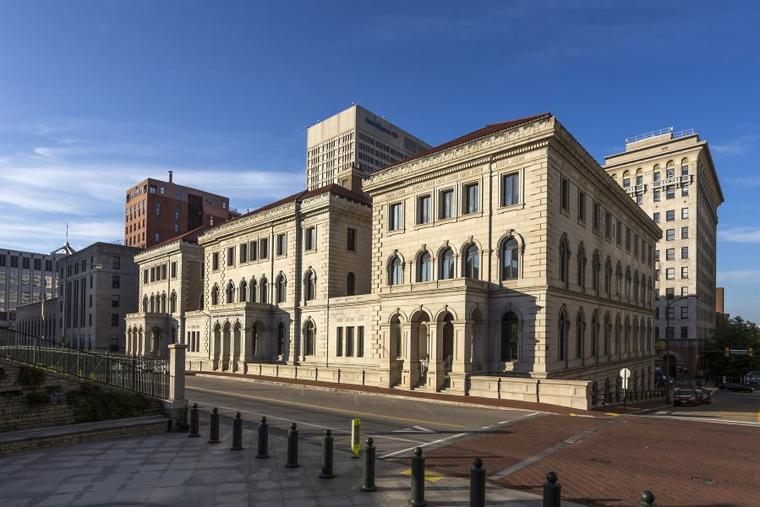 The Court of Federal Appeals (Lewis F. Powell Courthouse) and the skyline of Richmond, Virginia, from the foot of the Virginia Capitol grounds