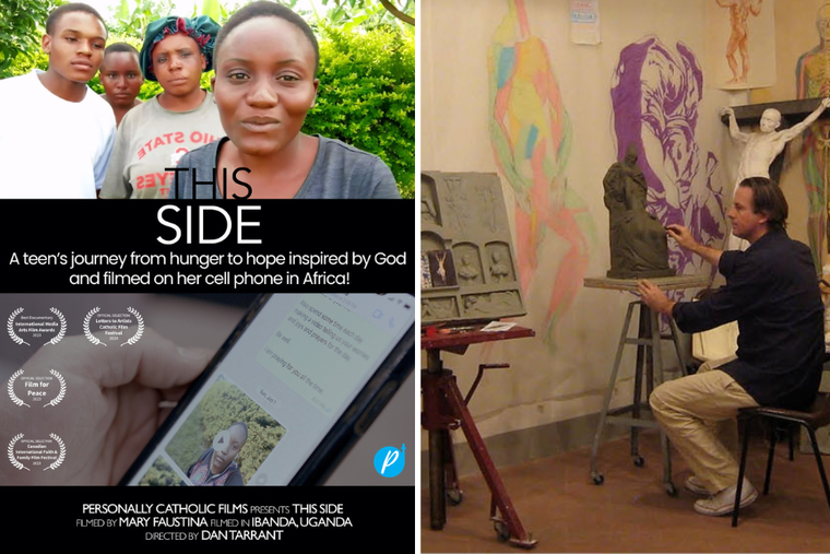 (L-R) A movie poster for a film that was part of the Catholic Art Institute's film festival. Sculptor and artist Dony MacManus in work inside his studio.