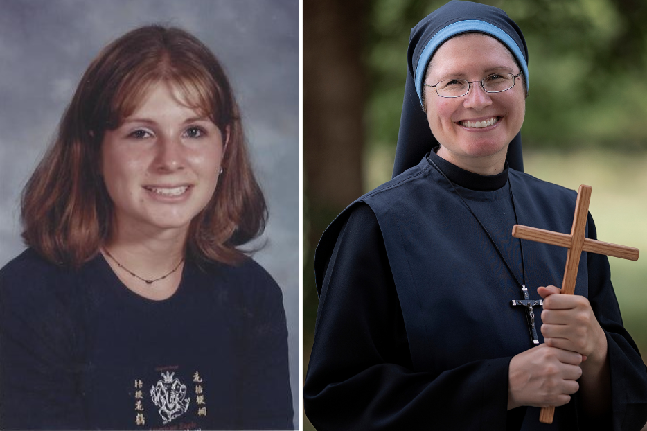 Jenica Thornby as a sophomore at Columbine, the year of the deadly shooting. Now she is Sister Mary Gianna.