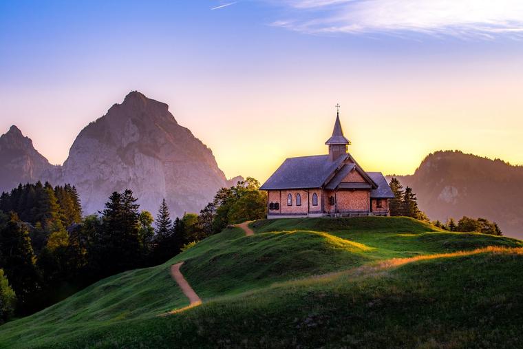 A small mountain chapel of the Catholic parish of St. Gallus stands near the town of Morschach, Switzerland.