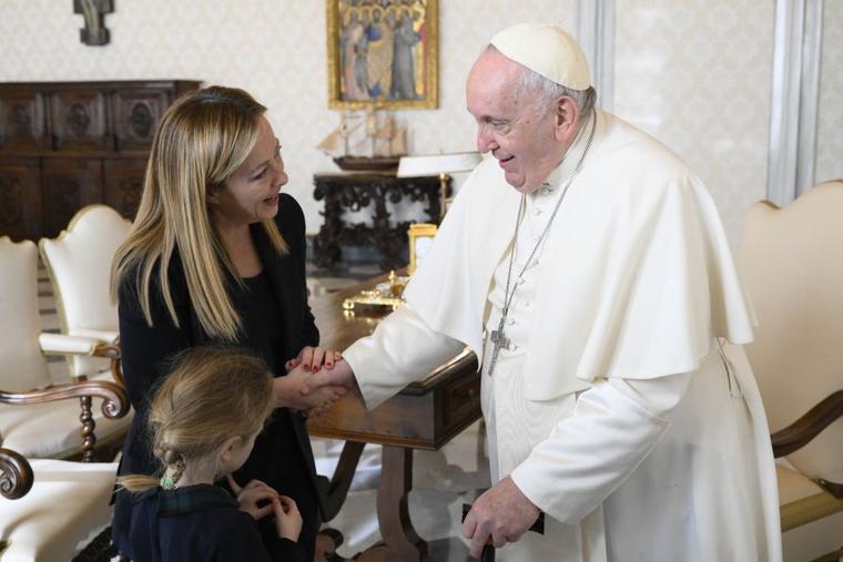 Pope Francis meets Italian Prime Minister Giorgia Meloni and her 6-year-old daughter on Jan. 10, 2023.