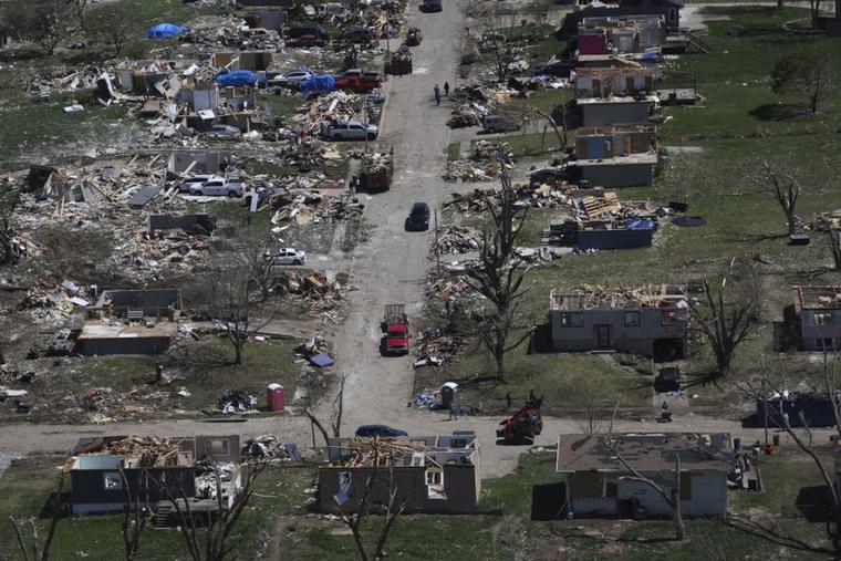 Aerial view of tornado damage in Elkhorn, Nebraska, taken on April 29, 2024. Tornadoes ripped through the Midwest over the weekend of April 26–28, 2024.