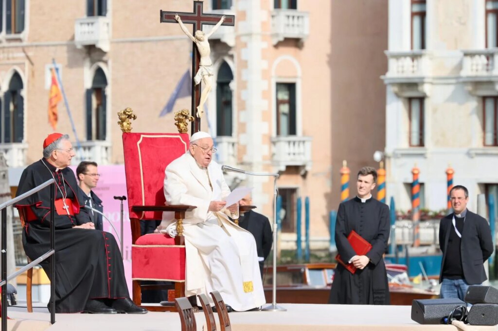 Pope Francis delivers his homily during Mass in St. Mark's Square in Venice, Italy, on April 28, 2024. Credit: Daniel Ibañez/CNA