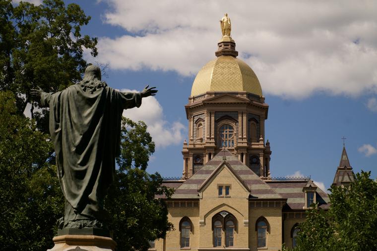 The Golden Dome is seen atop the Main Building at the University of Notre Dame.