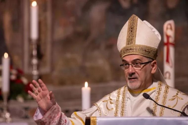 Cardinal Pierbattista Pizzaballa gives the homily at a Mass in which he took possession of his titular church, St. Onuphrius, in Rome on May 1.