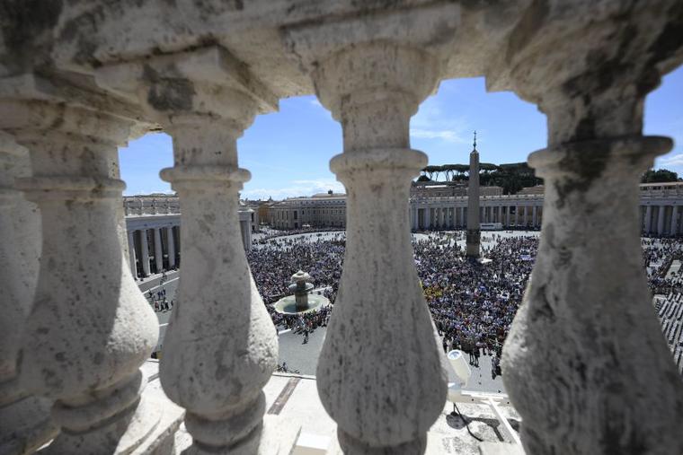 Pilgrims gather in St. Peter’s Square at the Vatican for Pope Francis’ Regina Caeli prayer and address on Sunday, May 5, 2024.
