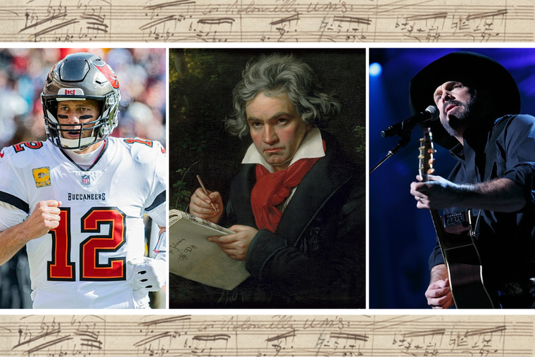 Tom Brady on the football field. A portrait of Ludwig van Beethoven. Garth Brooks on stage with his guitar. Page 12 of Beethoven's original Ninth Symphony manuscript.