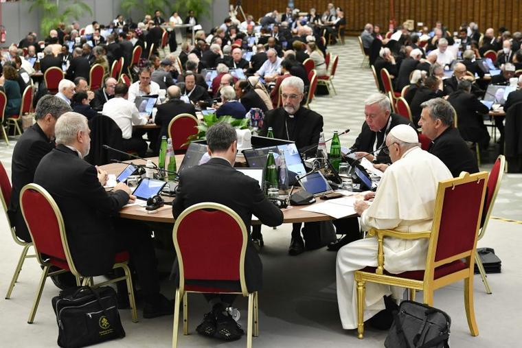 Pope Francis among the delegates of the Synod on Synodality held in October 2023.