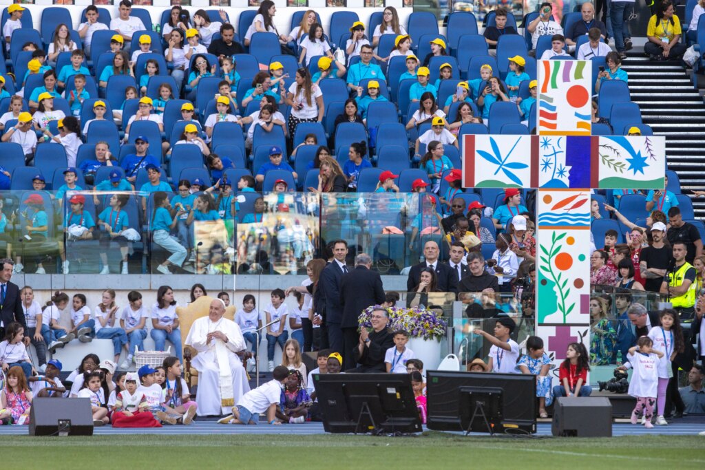 Pope Francis is surrounded by children in Rome’s Olympic Stadium for World Children’s Day on May 25, 2024. Credit: Daniel Ibañez/CNA