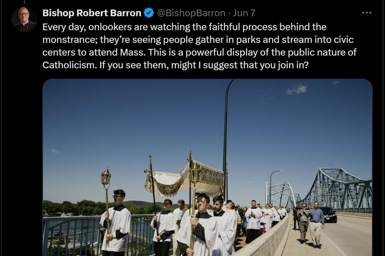 Bishop Robert Barron invites more people to join in the National Eucharistic Pilgrimage in a June 7 tweet highlighting the Blessed Sacrament crossing the Mississippi River.