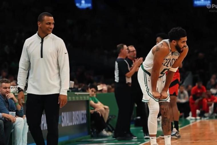 Head coach of the Boston Celtics Joe Mazzulla (left) and forward Jayson Tatum.