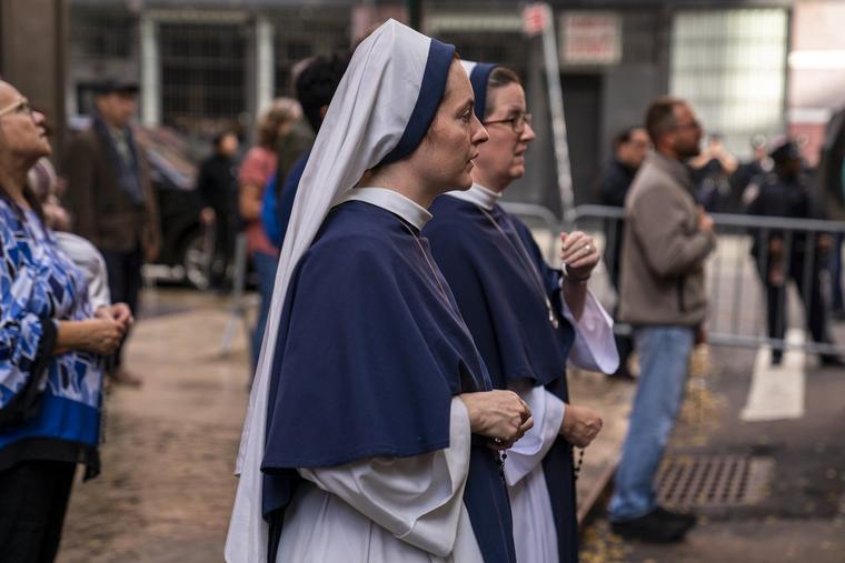 Catholic nuns pray with pro-lifers across from the Planned Parenthood in downtown Manhattan on Nov. 5, 2022, in New York City.