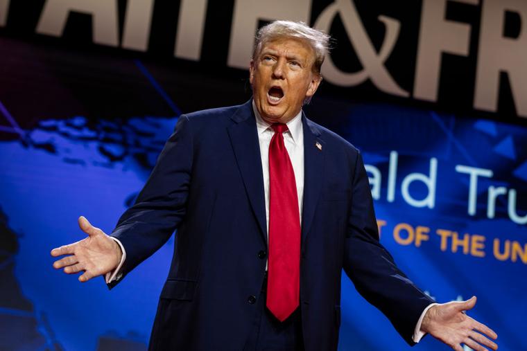 Former U.S. President Donald Trump gestures to the crowd before delivering the keynote address at the Faith & Freedom Coalition's Road to Majority Policy Conference at the Washington Hilton on June 22, 2024 in Washington, DC.