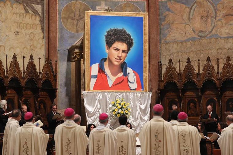 An image of Carlo Acutis was unveiled at his beatification Mass in Assisi, Italy Oct. 10, 2020.