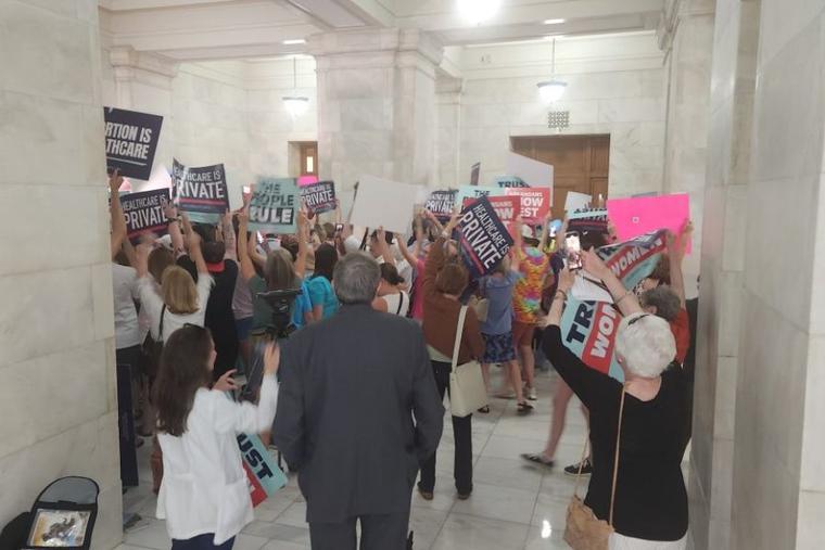 Abortion supporters celebrate as petitions for the abortion amendment arrive at the Arkansas Capitol Building July 5. On Wednesday, July 10, Arkansas Secretary of State John Thurston rejected a pro-abortion group’s request to add a far-reaching abortion amendment proposal to the November 2024 ballot.