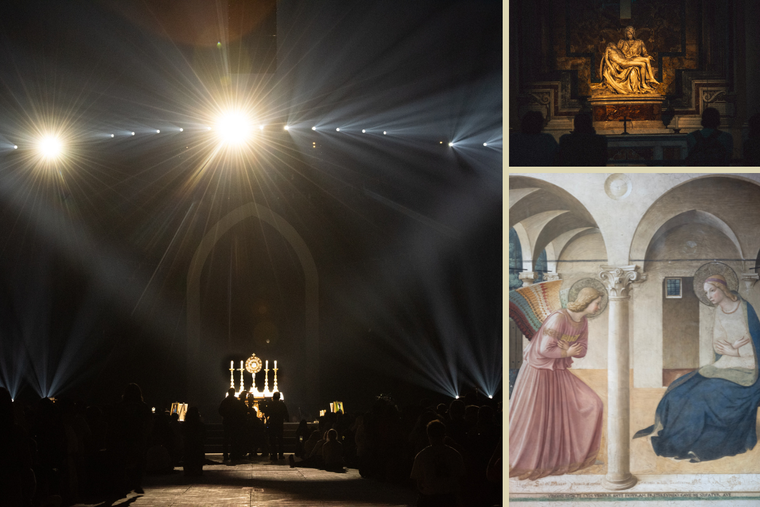Clockwise from left: Adoration culminates the second evening session of the National Eucharistic Congress in Indianapolis; the ‘Pietà’ in St. Peter's Basilica; and ‘The Annunciation’ by Fra Angelico.
