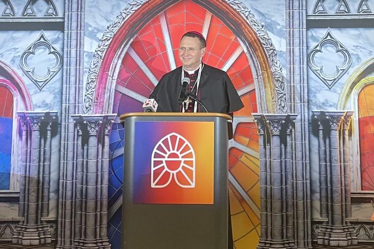 Bishop Andrew Cozzens, who spearheaded the National Eucharistic Revival and congress taking place in Indianapolis from July 17-21, 2024, takes questions from the media.