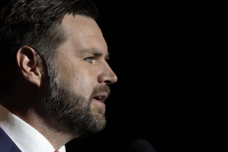 Republican vice-presidential nominee Sen. J.D. Vance, R-Ohio, speaks during a campaign rally at his alma mater, Middletown High School, on July 22 in his hometown of Middletown, Ohio.
