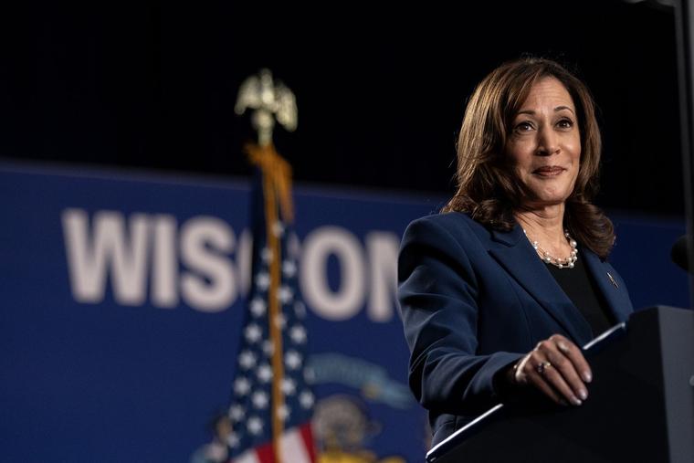 Democratic presidential candidate U.S. Vice President Kamala Harris speaks to supporters during a campaign rally at West Allis Central High School on July 23 in West Allis, Wisconsin.