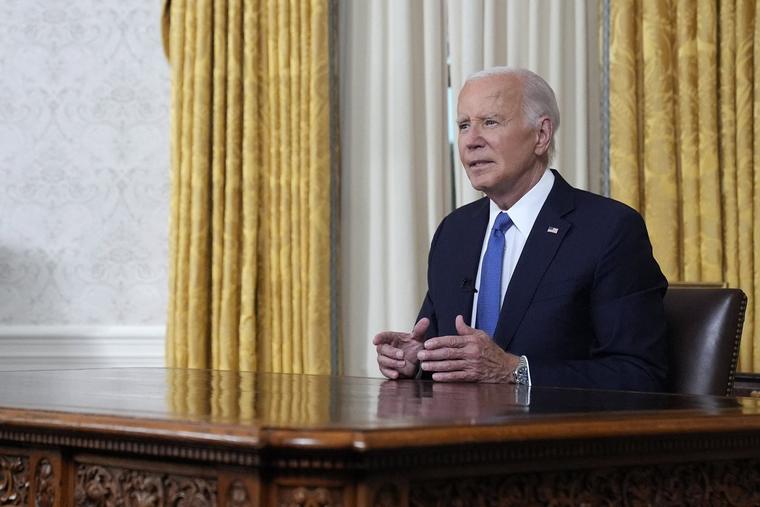 U.S. President Joe Biden speaks during an address to the nation about his decision to not seek reelection, in the Oval Office at the White House in Washington, on July 24.