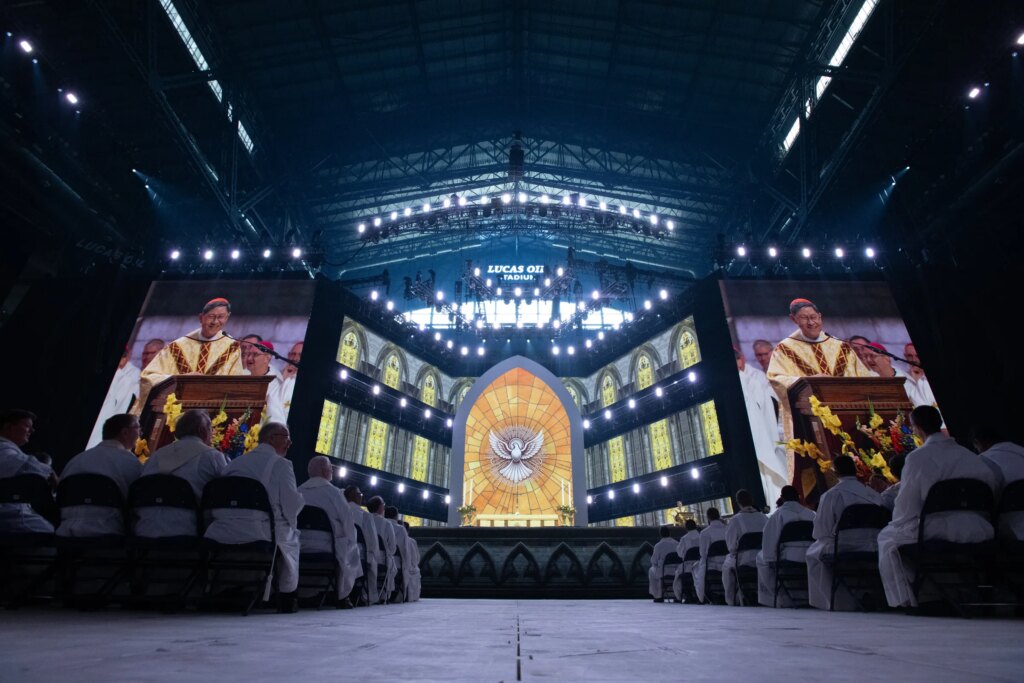 Cardinal Luis Antonio Tagle presided over the closing Mass in Indianapolis Lucas Oil Stadium on July 21 as Pope Francis’ special envoy for the event. Credit: Jeffrey Bruno