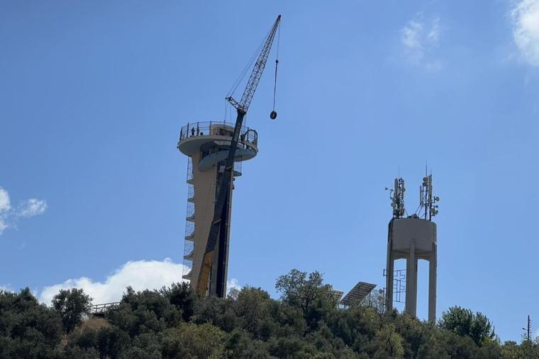 The preparation of the crane at the Tower of Our Lady of the East to install the statue of the Virgin Mary on Sunday, Aug. 5, 2024.