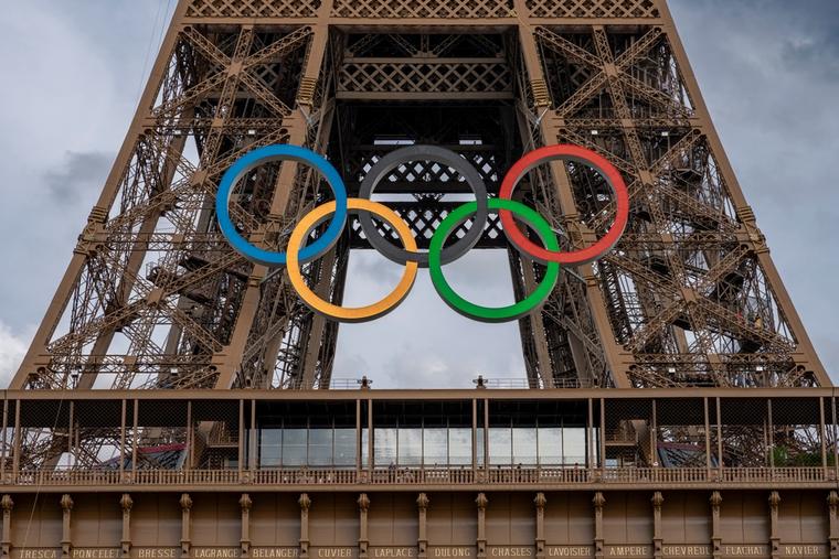 Paris Olympic logo on the Eiffel Tower in Paris, France.