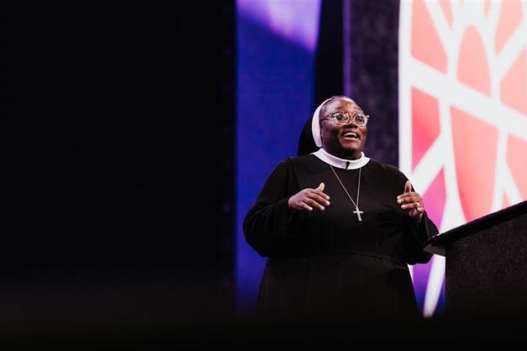 Sister Josephine Garrett gives a keynote talk at the 2024 National Eucharistic Congress in Indianapolis, which took place July 17–21, 2024.