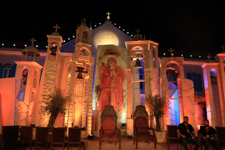 A representation of the image of Our Lady in the Qannubine Monastery, which is a fresco of the Assumption of Mary, was displayed behind the altar set up for the beatification celebration of Patriarch Estephan Douaihy of the Maronite Catholic Patriarchate of Antioch, Lebanon, on Aug 2, 2024.