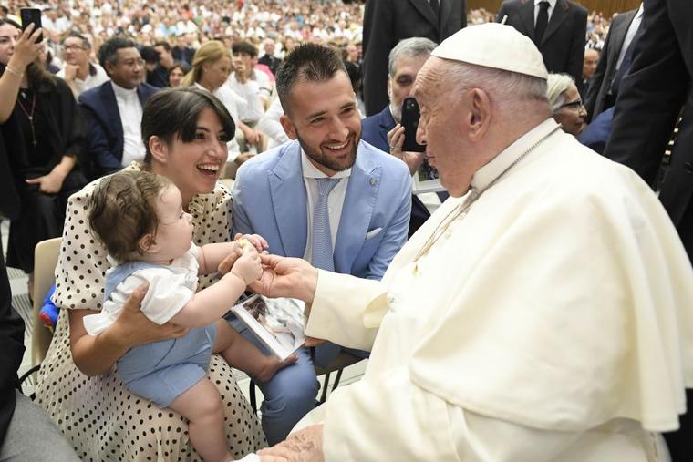 Pope Francis greets pilgrims at his Wednesday general audience on Aug. 7, 2024.