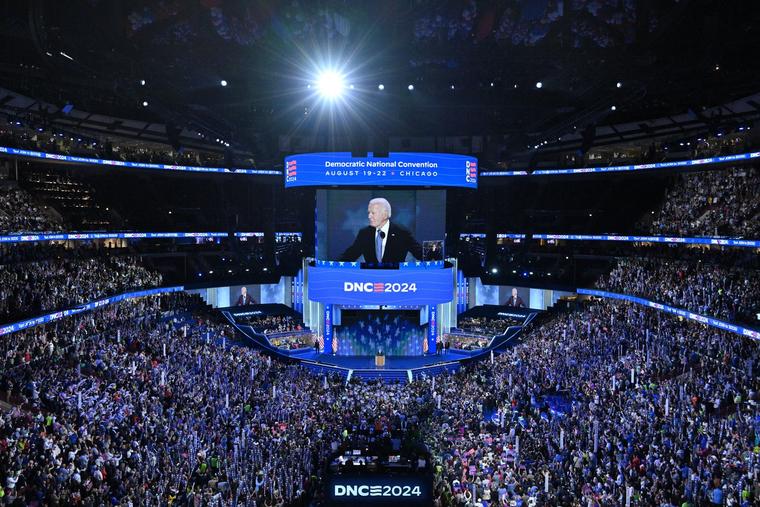 President Joe Biden speaks Monday on the first day of the Democratic National Convention (DNC) at the United Center in Chicago, Illinois.