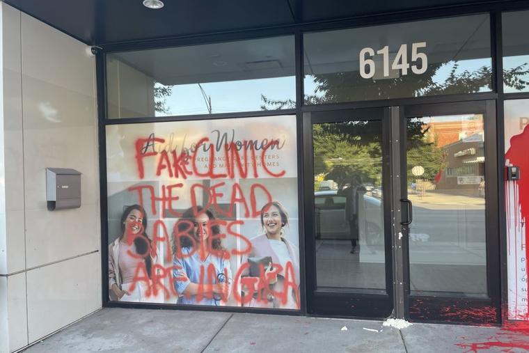A Catholic pregnancy center called "Aid for Women" in north Chicago's Edgewater neighborhood was vandalized with red paint and the words "fake clinic" and "the dead babies are in Gaza" at 3 a.m. on Friday, Aug. 23, just hours after the closing of the Democratic National Convention. Mary FioRito, a spokesperson for the center, said that vandals also cemented the doors shut, forcing the nonprofit to cancel appointments for around 12 women.