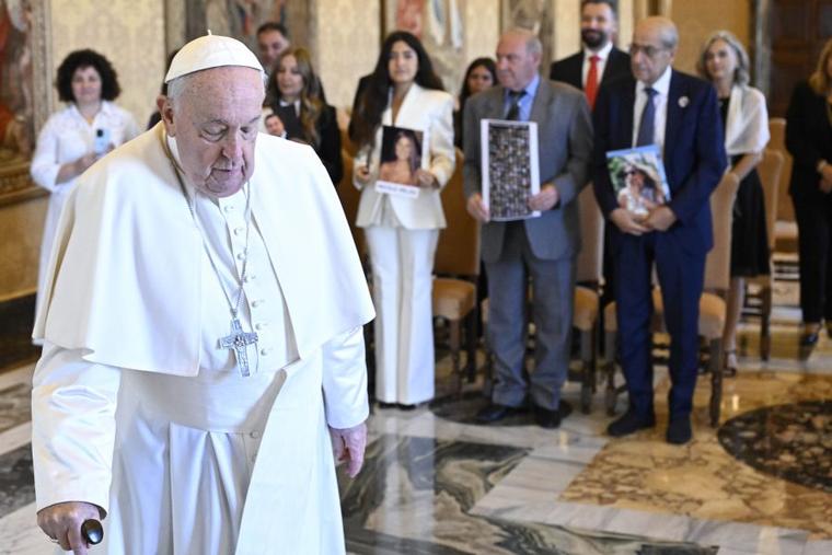 Pope Francis meets on Aug. 26, 2024, at the Vatican with relatives of the victims of the deadly 2020 Beirut explosion.
