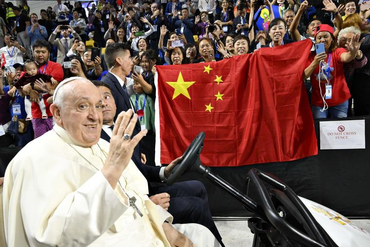 Pope Francis greets the people of China as he concludes Mass  in the Hun Theater on Sept. 3, 2023, in Ulaanbaatar, Mongolia, during his 43rd apostolic journey abroad.