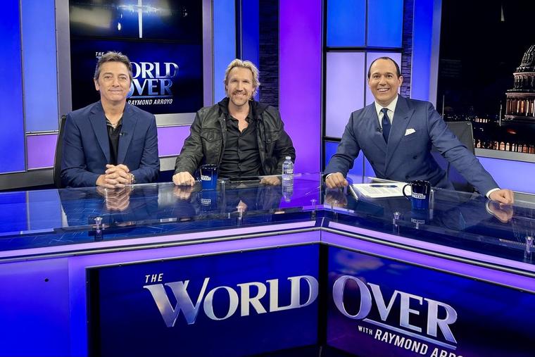 L to R: Scott Baio, David A.R. White, alongside Raymond Arroyo, on the set of ‘The World Over,’ discuss the newest film in the franchise.