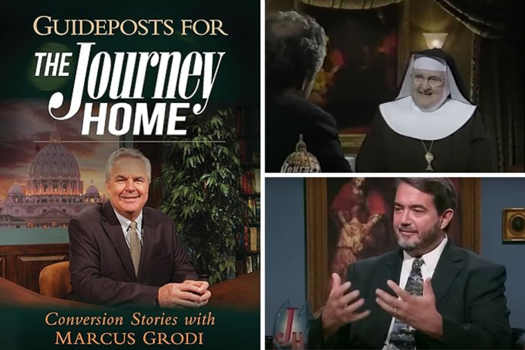 Clockwise from left: EWTN Publishing’s new book; Mother Angelica and Scott Hahn appear on ‘The Journey Home.’