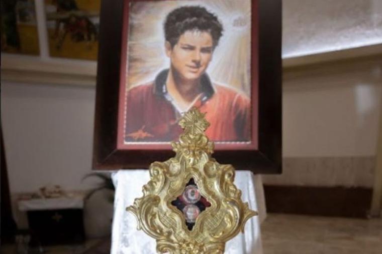 A reliquary containing relics of Blessed Carlo Acutis at the Church of Sant’Angela Merici in Rome, Oct. 11, 2021.