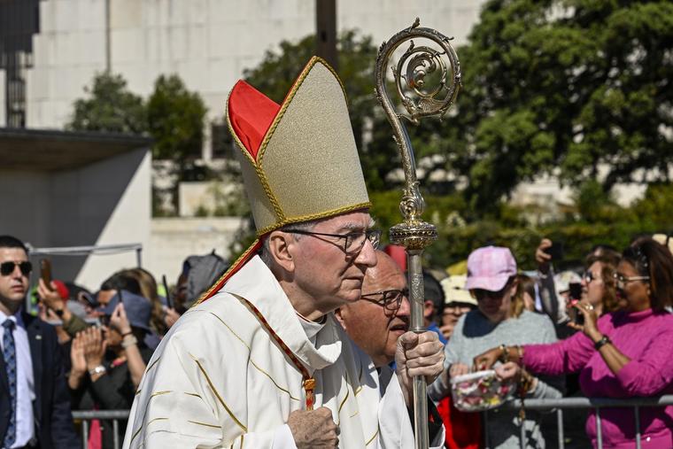 FATIMA, PORTUGAL - MAY 13: The Cardinal Secretary of State of the Vatican Pietro Parolin parades before the figure of Our Lady of as he presides under a strong sun the International Mass and Farewell Procession during the last day ceremonies of the two-day international pilgrimage in celebration of the 106th anniversary of Our Lady of Fatima first apparition in Cova da Iria in the Sanctuary of Fatima, presided this year by the Cardinal Secretary of State of the Vatican Pietro Parolin, on May 13, 2023 in Fatima, Portugal. The Sanctuary of Fatima has received more than 200,000 pilgrims and 119 registered groups of 23 different nationalities as it opened its premises for this international pilgrimage on occasion of the 106th anniversary of Our Lady of Fatima's first apparition on May 13, 1917, in Cova da Iria, to the little shepherds Francisco and Jacinta Marto.