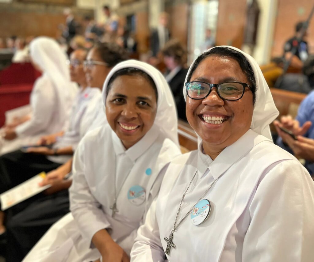 Sister Aurelia and Sister Franselim from the congregation of the Sisters of Notre Dame (SND) at the encounter with Pope Francis in the Cathedral of Our Lady of the Assumption in Jakarta, Indonesia, Sept. 4, 2024. Credit: Courtney Mares/CNA