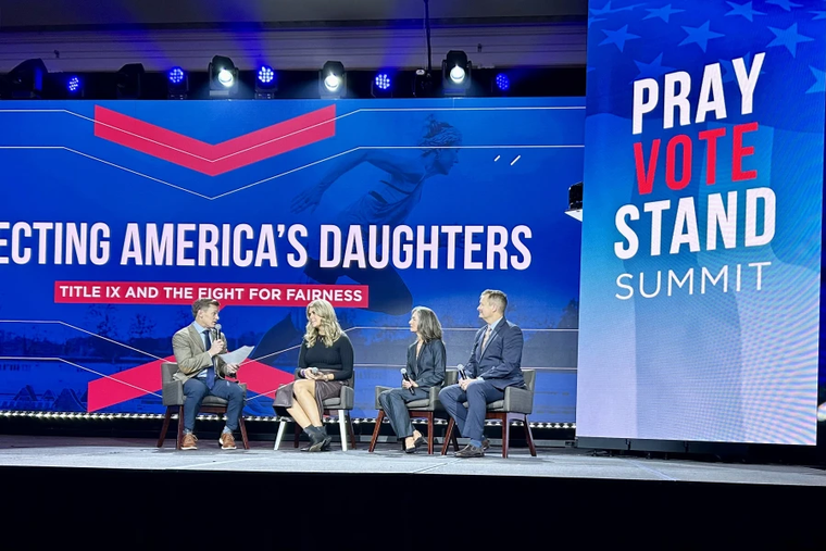 Panelists discuss how the transgender movement is impacting young women in particular at the 2024 Pray Vote Stand Summit panel “Saving America’s Daughters: Title IX and the Fight for Fairness.” From left to right: moderator Joseph Backholm, Macy Petty, Doreen Denny, and William Bock.