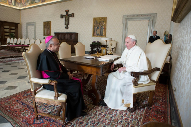 Archbishop Edgar Peña Parra meets with Pope Francis in Vatican City on Aug. 17, 2018.