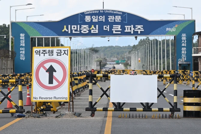 Barricades are set up at a military checkpoint on the Tongil bridge, the road leading to North Korea’s Kaesong city, in the border city of Paju on Oct. 9, 2024. North Korea’s army said on Oct. 9 it was moving to “permanently shut off and block the southern border” with Seoul and had informed the U.S. military to prevent an accidental clash.